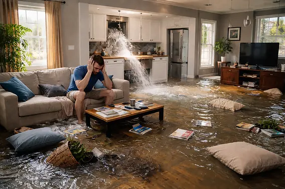 Storm and rain flood water damage cleanup in a Sun City, CA home